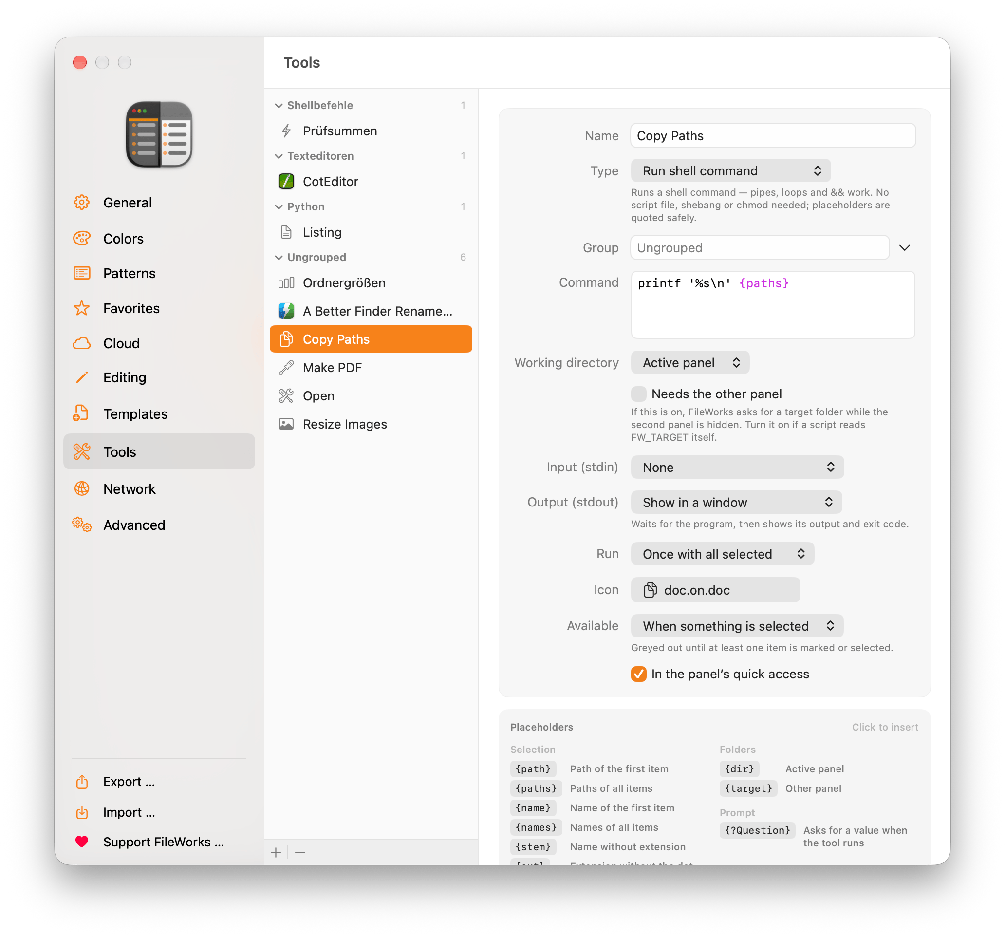 The tool editor in Settings
